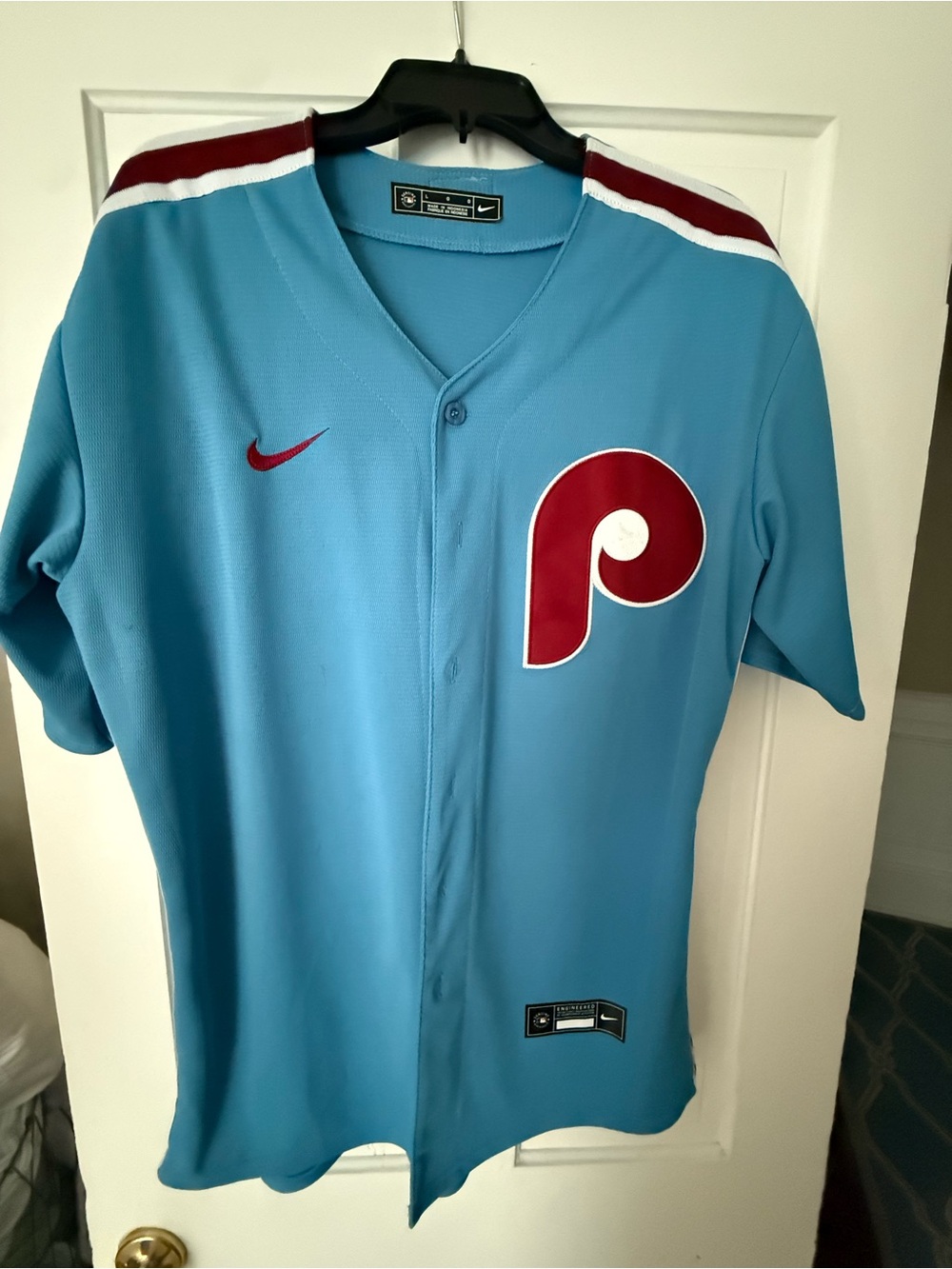 Alec Bohm #28 Nike Men’s Light Blue Baseball Jersey with Maroon Logo